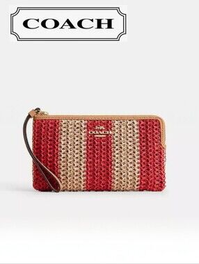 COACH Large Corner Zip Wristlet In Gold/Red/Tan Straw, Leather Trim & Strap, NEW